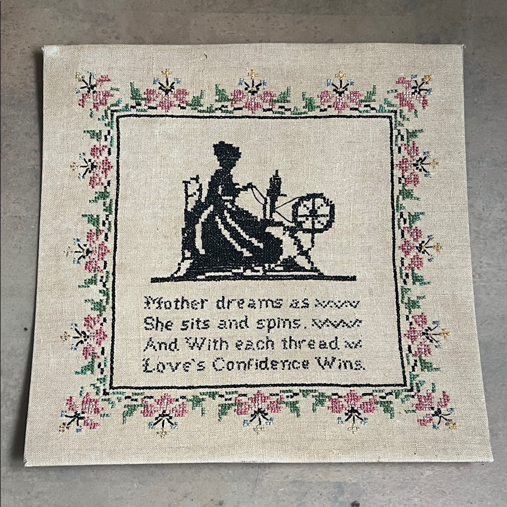 Vintage Cross-Stitch Wall Art - Spinning Silhouette in Black & Floral Border